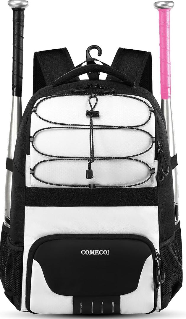 COMECOI Softball Bag, Lightweight Baseball Backpack with Shoes Compartment, Baseball Bat Bags with Fence Hook for TBall Bat & Equipment, for Batting Mitten, Helmet, for Girls, Boys, Youth, Adults (White & Black)