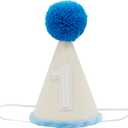 Birthday Party Hat with Number 6 month, Beige with Blue Pom Pom and Trim