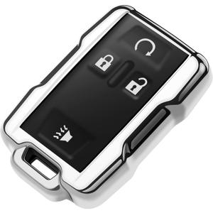 Tukellen for Chevrolet Key Fob Cover Soft TPU Full Protection Key Shell Key Case Compatible with Chevrolet Chevy Silverado Suburban Tahoe Colorado GMC Sierra Yukon Canyon 4 Buttons (Silver)