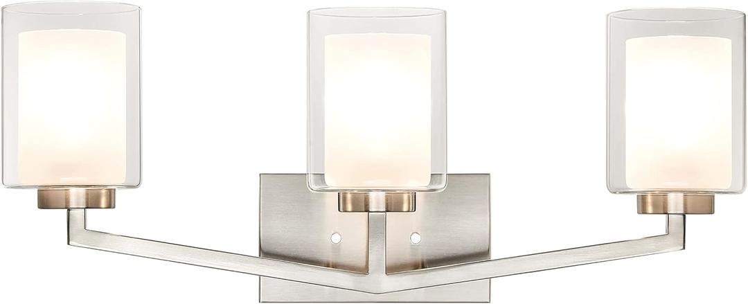 XiNBEi Lighting Brushed Nickel Bathroom Vanity Light, Modern 3-Light Bathroom Light Fixture with Dual Glass Shade Iron Wall Sconce Lighting Over Mirror XB-W1294-3-BN
