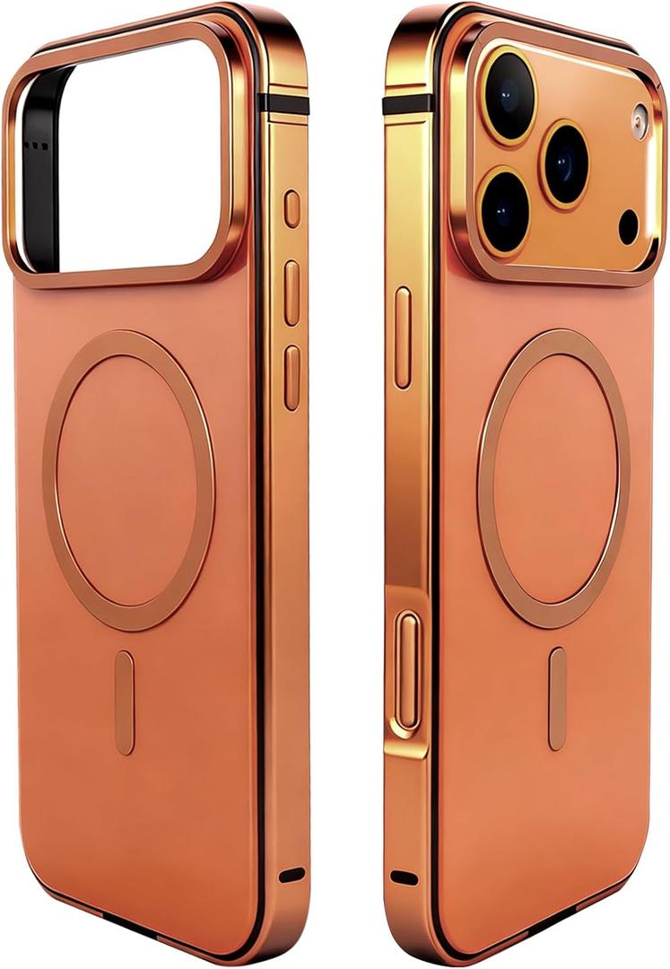 Metal Magnetic Case for iPhone 17 Pro [Compatible with MagSafe] Slim Aluminum Bumper with Anti-Scratch Lining, Original Metal Texture Military-Grade Shockproof Cover (Orange, for iPhone17 Pro)