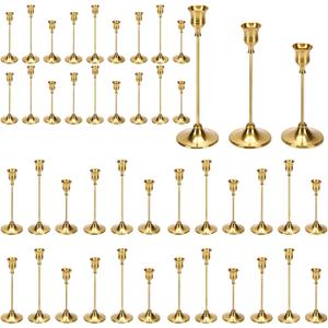 48PCS Brass Gold Taper Candle Holders Set, Gold Candlestick Holders Bulk Gold Candle Holders Vintage Metal Candlestick Holders for Wedding Reception, Centerpiece, Festive Mantel Decoration