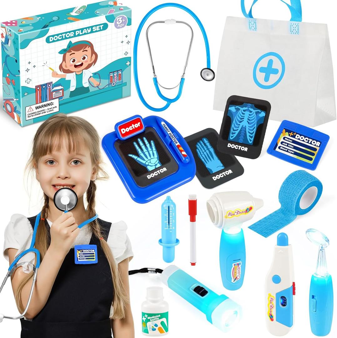 Kids Doctors Play Set, 15 Pcs Doctor Kit for Toddlers 3-5, Doctor Set with Real Stethoscope, Pretend Play Toys for Kids Boys and Girls, Halloween Christmas Birthday Gifts