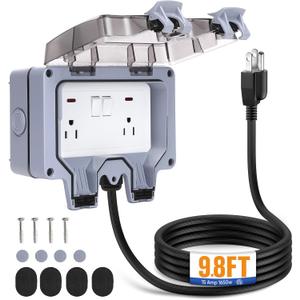 Outdoor Power Outlet,Outdoor Extension Cord Waterproof Double Wall Outlet Extender with On-Off Switch and Indicator LightExterior Electric External Power Outlet,Outside Outlet (9.8FT)