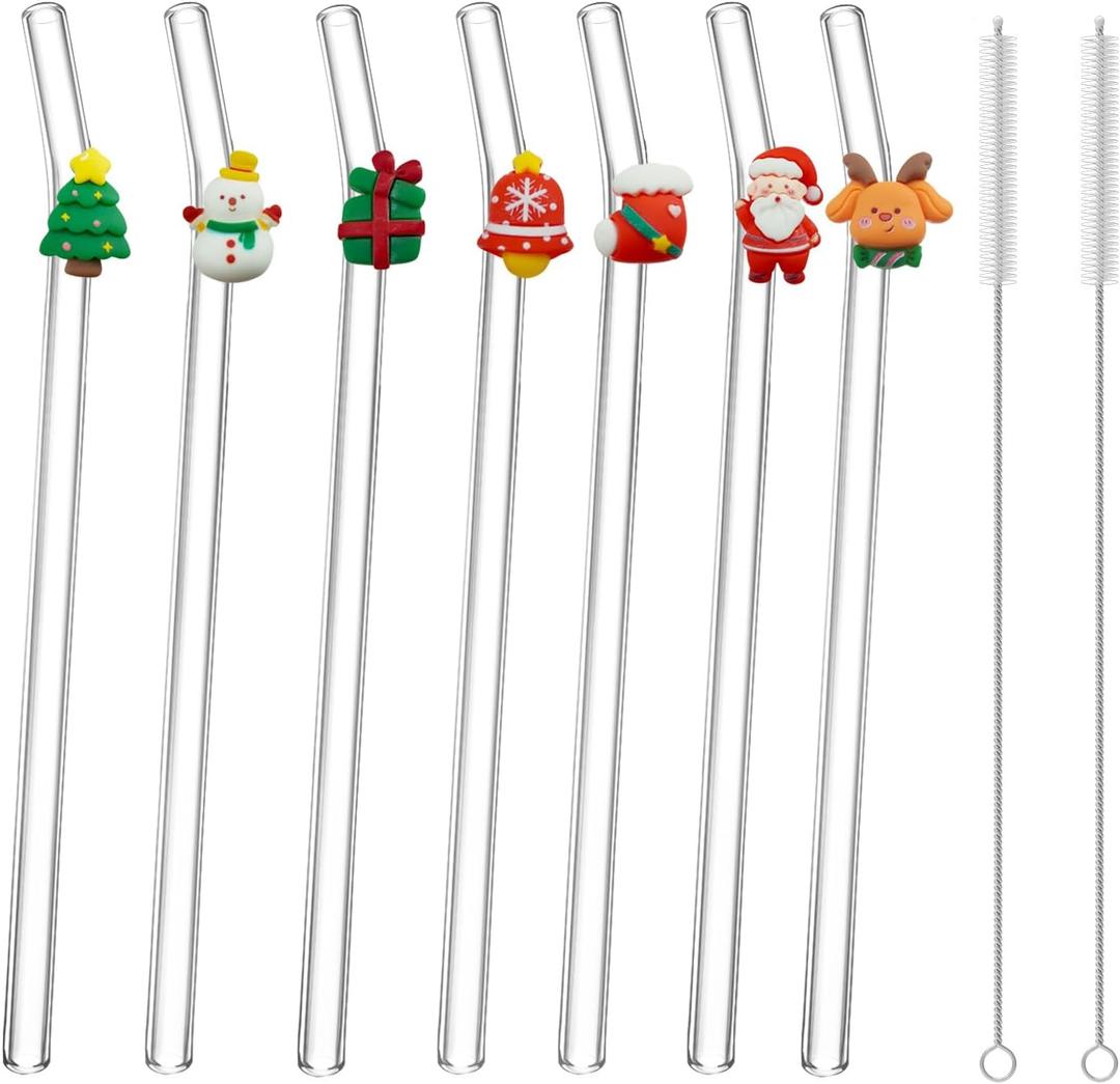 7Pcs Christmas Glass Straws Glass Straws With Charms Lncludes 2 Nylon Brushes Suitable For All Kinds Of Beverages