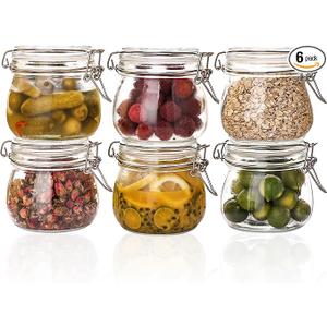 Liuruiyu 16oz - 6 Pack Round Glass Jars with Airtight Lid, Wide Mouth Mason Jars with Clamp Lids, Air Tight Glass Canisters, Food Storage Containers for Cereal, Pasta, Beans, Sugar, Coffee, Spice