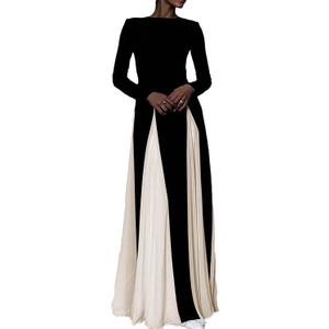Wedding Guest Dresses for Women Elegant Long Sleeve Patchwork Pleated Swing Long Dress Formal Maxi Dress (Medium, Black)