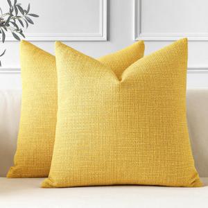 OTOSTAR Pack of 2 Throw Pillow Covers 18x18 Inch Linen Yellow Pillowcases Farmhouse Decorative Solid Pillow Covers 45x45 cm Square Cushion Case for Home Decor Sofa Couch Bed (Yellow)