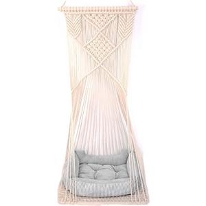 Macrame Hanging Cat Hammock Bed Cat Swing House Space Saving Window Perch with Washed Cotton Cats Toy Tassel Basket Tapestry (Beige, Swing Bed+Cushion)