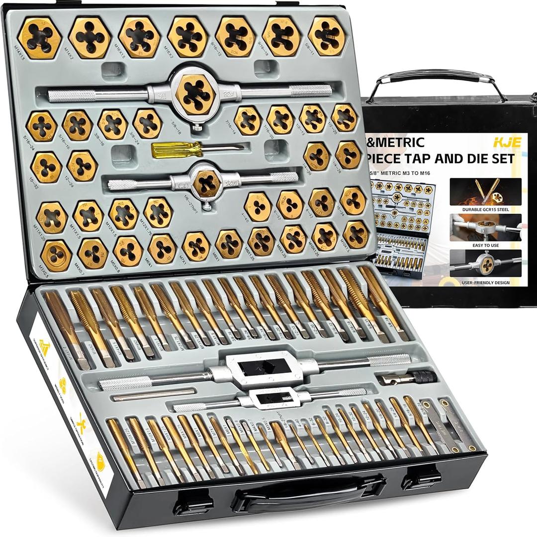 KJE 86PCS SAE & Metric Tap and Die Set (#4 to 5/8, M3 to M16), Tap Set and Die Tool Set, Coarse and Fine Threading Rethreading Tool Kit, for Internal and External Threading