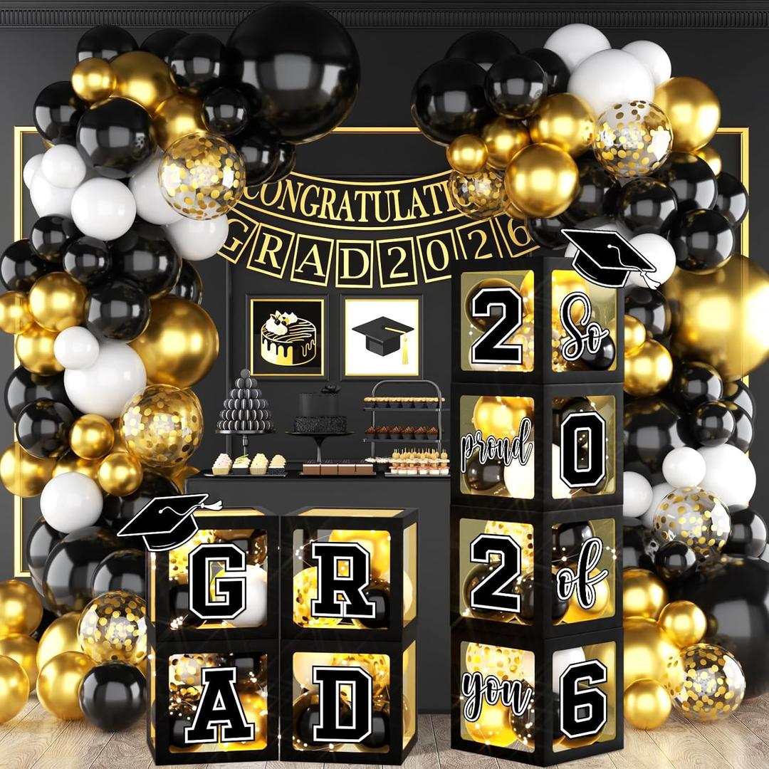 2026 Graduation Decorations Black and Gold Grad Balloon Boxes with Letters So Proud of You Balloon Arch Kit Class of 2026 Photo Backdrop Props Congrats Grad Party Decorations for Any Grades