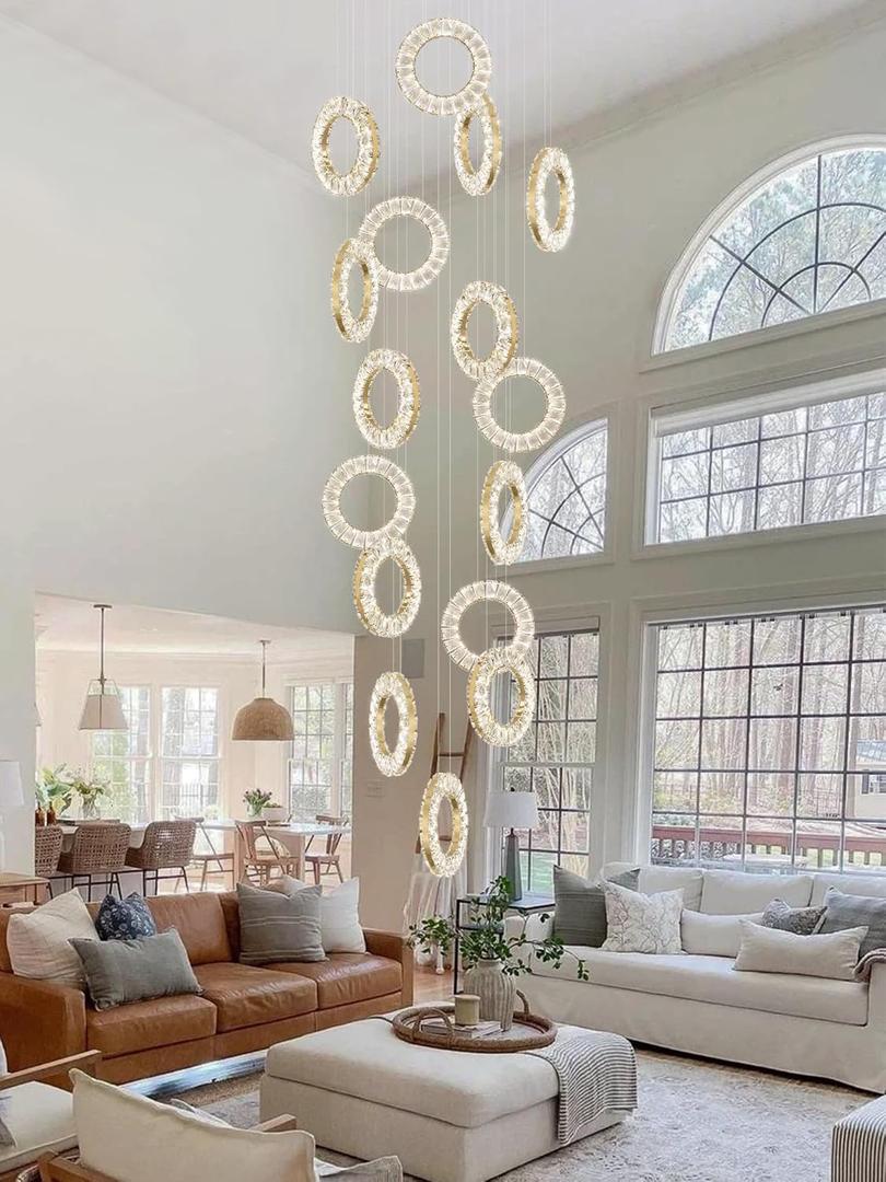 16 Rings High Ceiling Chandelier, Crystal Rings Chandelier, Staircase Chandeliers for High Ceilings, Foyer Chandeliers Entryway High Ceilings (Gold)