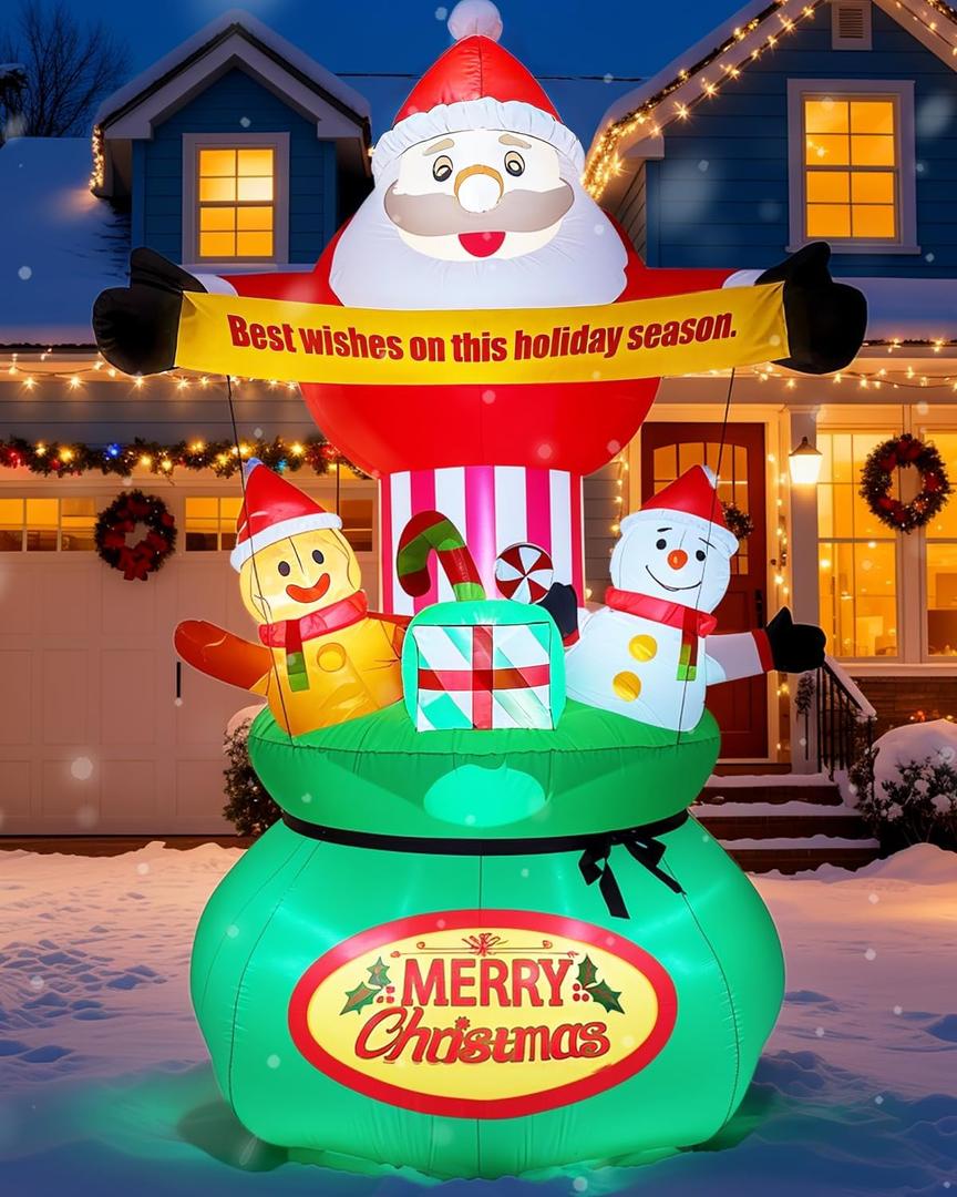 9FT Christmas Inflatables Outdoor Decorations, Blow Up Yard Decorations Santa Claus Snowman Gingerbread Man and Gift Bag, Built-in LED Lights for Garden Lawn Xmas Decor