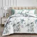7 Pieces Bed in a Bag Queen Comforter Set with Sheets, Green Leaves on White Botanical Design Bedding Sets for All Season (1 Comforter, 2 Pillow Shams, 1 Flat Sheet, 1 Fitted Sheet, 2 Pillowcases)