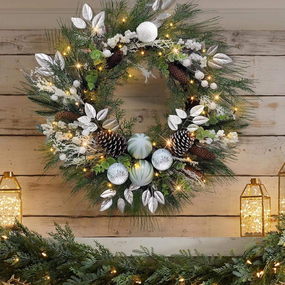 28 Pre-Lit Artificial Christmas Wreath, Theme Battery Operated 35 LED Lights with Faux Greenery, Pine Cones, Silver Leaves, White Berries and Silver Ornaments