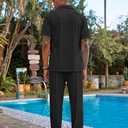 COOFANDY Men's 2 Piece Outfit Casual Short Sleeve Button Down Shirt Beach Summer Loose Pant Sets (Large, Black)