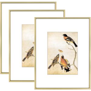 BKABOT 8.5x11 Picture Frame Set of 3, Brass Metal Photo Frames with HD Glass, Fits 5x7 with Mat or 8.5x11 without Mat, Wall Hanging and Table Display