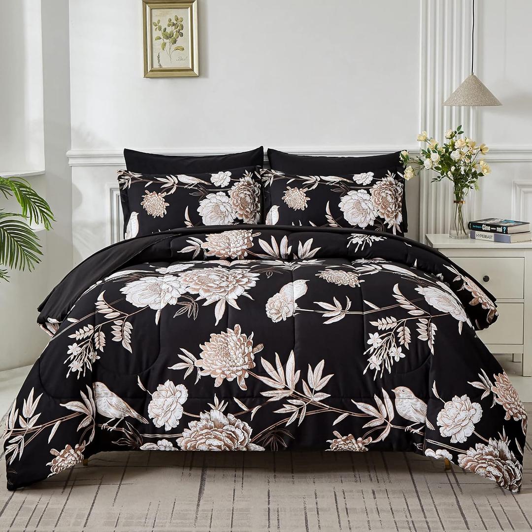 Yogeneg 7 Piece Bed in a Bag Queen Comforter Set Botanical Floral Bedding Set,Flower Leaves Brids Printed on Black Reversible Design,Soft Microfiber Comforter with Sheet Set,All Season(Black B,Queen) (Black Floral Leaves)