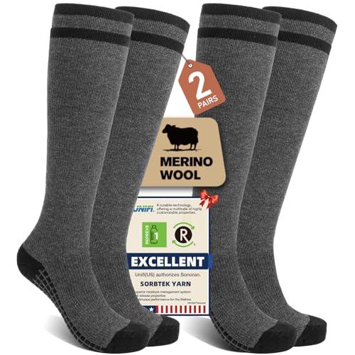 SONORAN 2 Pairs Merino Wool Compression Socks for Men Women, Knee High Winter Thermal Thick Warm for Cold Weather Christmas Gift L/XL Black Gray