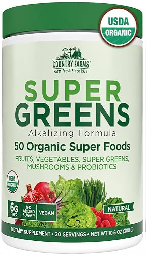 Country Farms Super Greens Natural Flavor, 50 Organic Super Foods, USDA Organic Drink Mix, Fruits, Vegetables, Super Greens, Mushrooms & Probiotics, Supports Energy, 40 Servings, 10.6 Oz, EXP: 06/2029