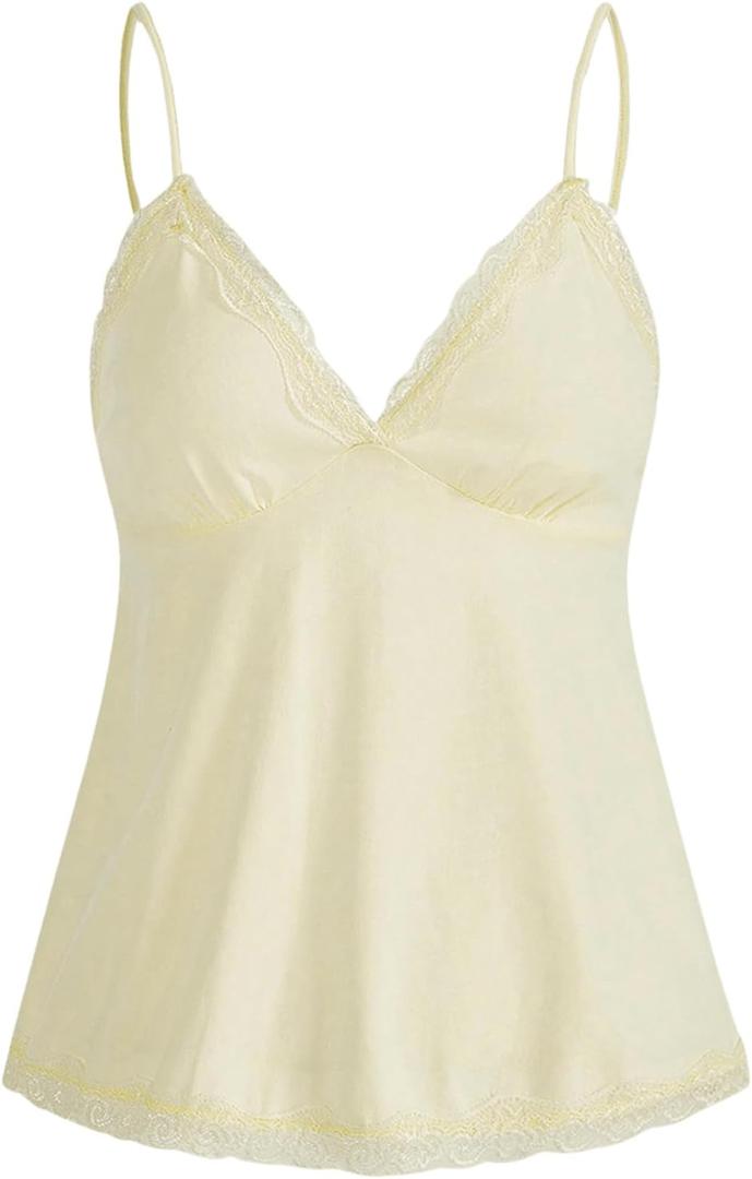 SHENHE Women's Lace Babydoll Tank Top Sexy V Neck Sleeveless Flared Hem Flowy Peplum Tops (Light Yellow) XL