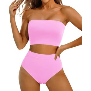Yonique Bandeau Bikini Strapless Swimsuit - Two Piece High Waisted Bathing Suits (Small, Pink)