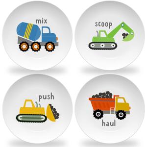 Tiny Expressions - Construction Plates for Toddlers - Set of 4 Melamine Plates for Kids - Excavator, Cement Mixer, Bulldozer, and Dump Truck - Fun Plastic Dinnerware for Kids (Multicolor)