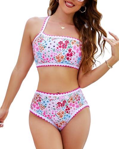 Jolefille High Waisted Bikini Sets for Women 2 Piece Tummy Control Swimsuits One Shoulder Bathing Suit Floral Swim Suit Teens M