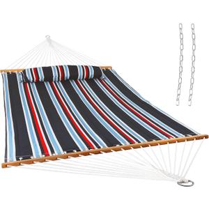 Sunnydaze Quilted Double Hammock for Outside with Spreader Bars and Pillow - 450 lb Capacity, 74x55 Inch Bed, UV Resistant, Quick Dry - Chains Included, Stand Sold Separately - Nautical Stripe