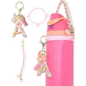 TOVICE Letter Accessories for Owala Water Bottle 24-40oz, 3PC Cute Initial Keychain & Water Bottle Handle Strap with a Thick Elastic Silicone Ring Holder (Pink)