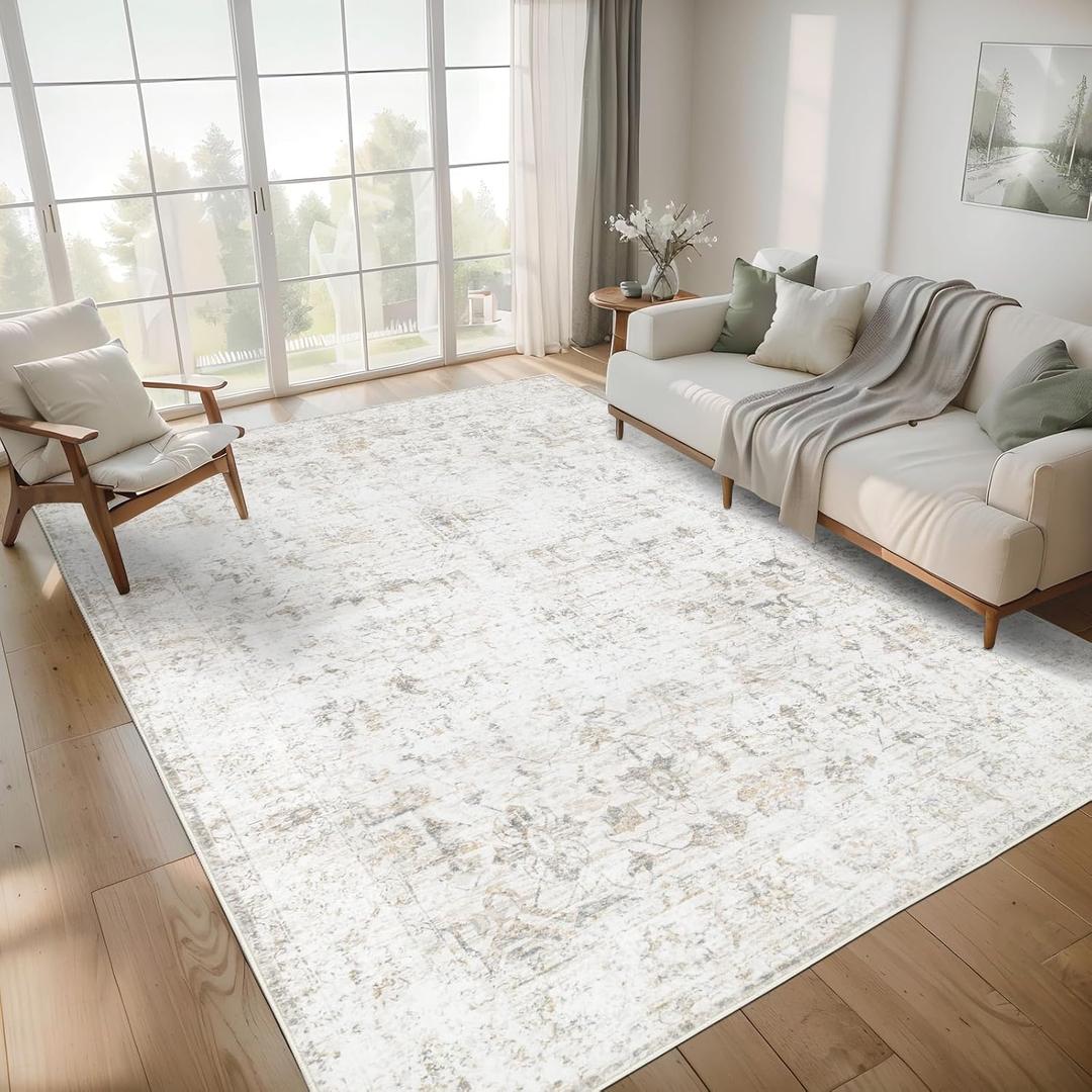 Washable 9x12 Area Rug for Living Room, Vintage Floral Rug Soft Non Slip Stain Resistant Boho Carpet for Bedroom Dinning Room Home Office Beige New