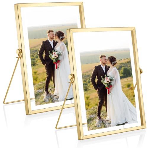 Xaajooio gold picture frames Set of 2, 8.9x7.1 Inch Small Gold Floating Frames for bookshelf decor, Double Glass Desktop Photo Frame Holds Multiple Sizes, Modern Metal Stand for Home Office