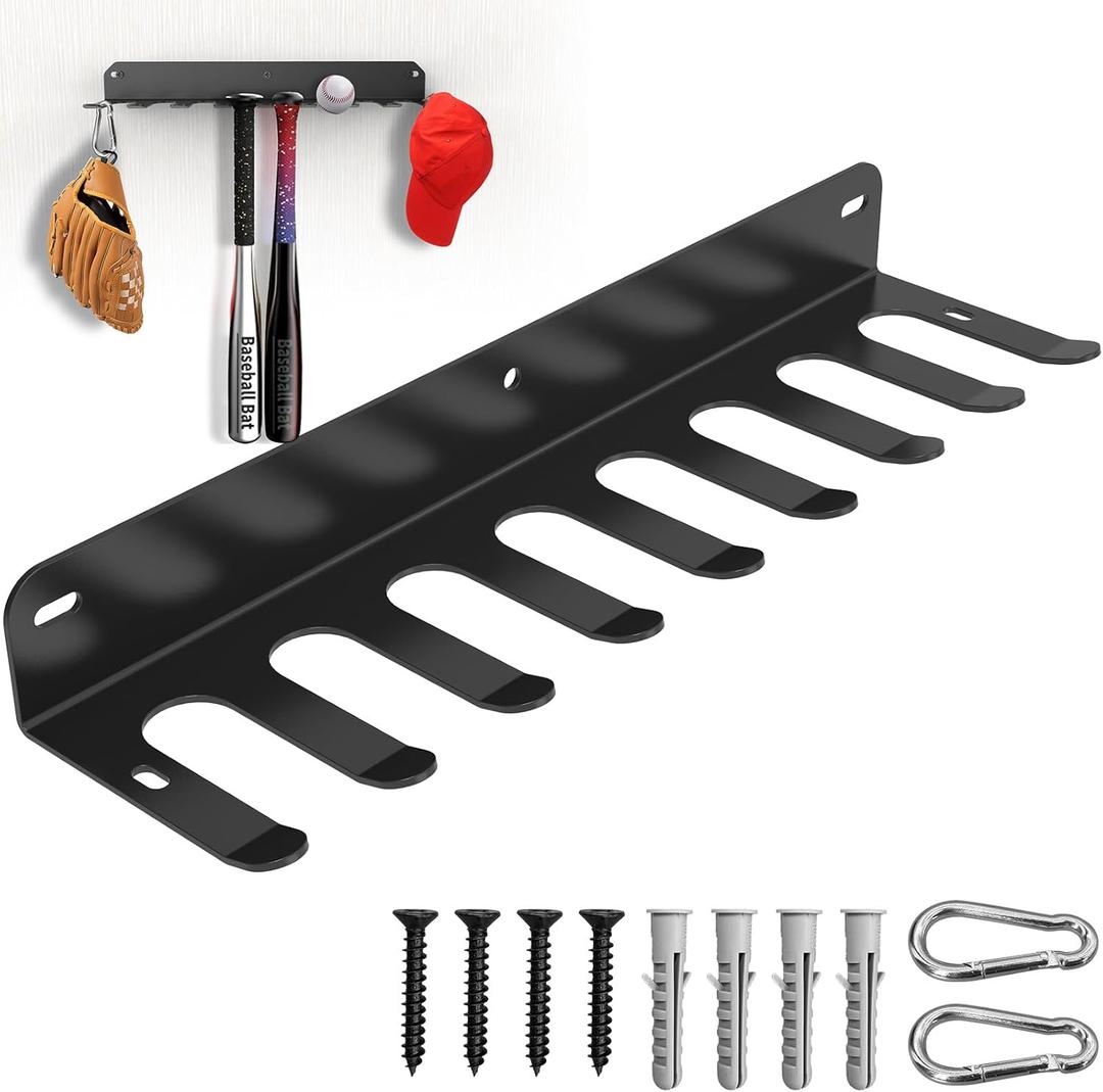 Wall Mount Baseball Bat Rack, Holds 16 Bats, Home Gym Sports Equipment Organizer Hanger, Olympic Barbells Holder, Heavy Duty Hooks for Hanging Bats, Gloves, Hats, Bags, Balls, Row Handles or Tools, Black