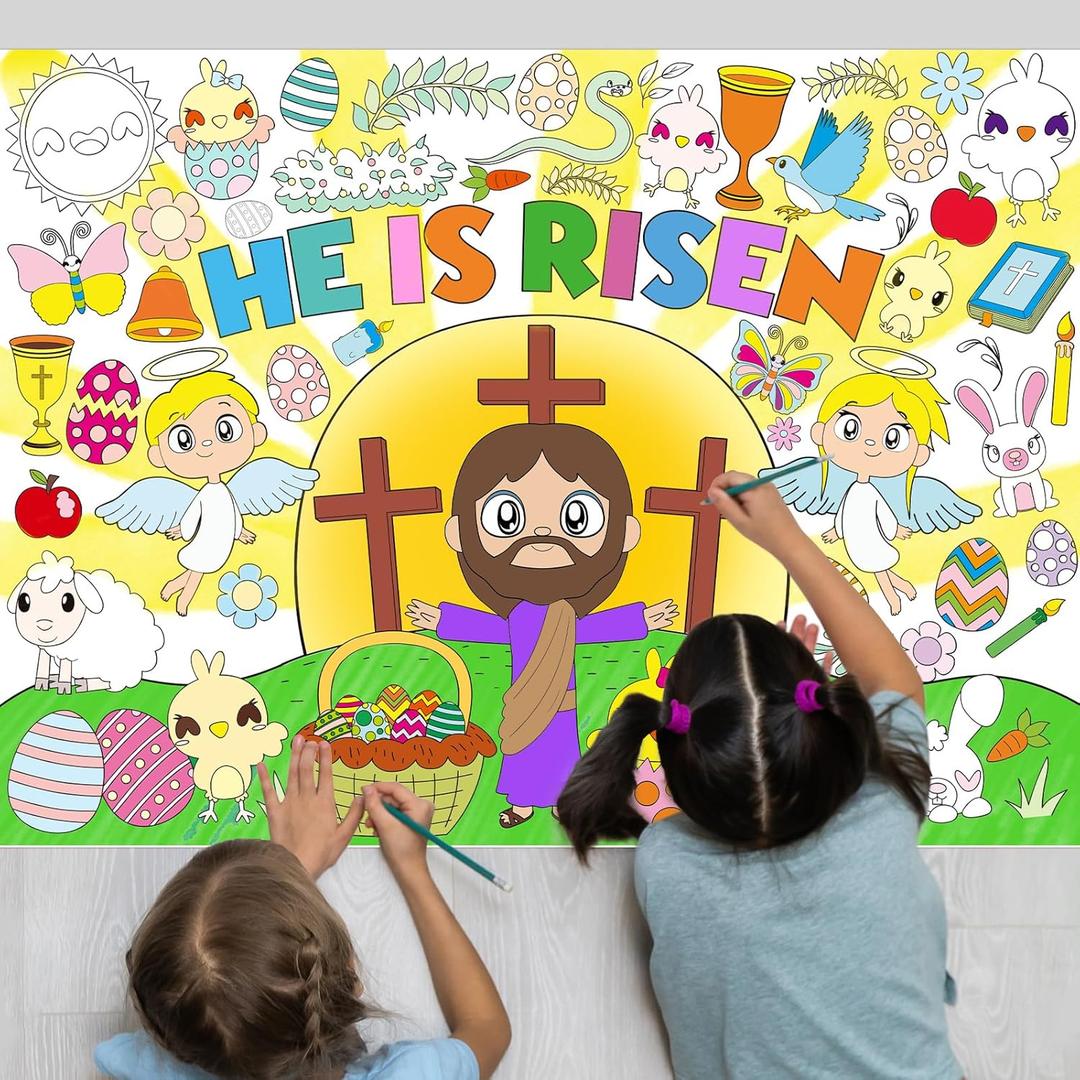 WorldBazaar Easter Christian Coloring Poster Craft for Kids 3PCS Large He is Risen Jesus Coloring Banner Tablecloth Easter Craft Classroom Home Activity Holy Week Religious Spring Party Favors