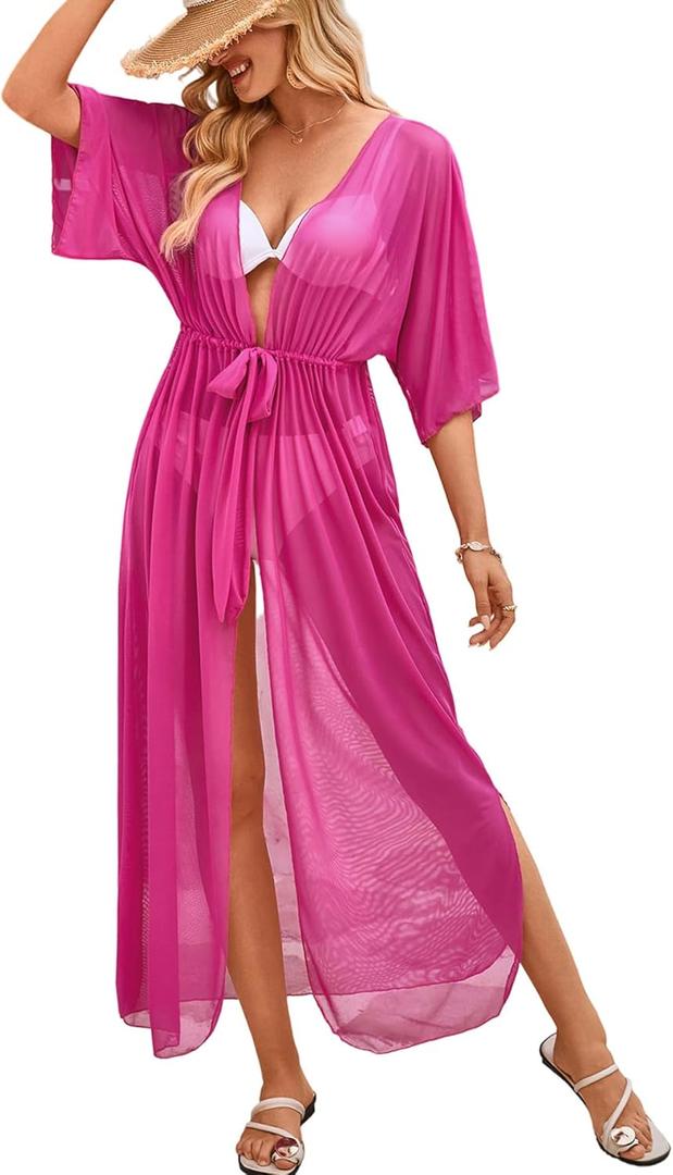 OYOANGLE Women's Beach Kimono Cover Ups Mesh Sheer Tie Waist Short Sleeve Long Cardigans Resort Wear (Large, Hot Pink)