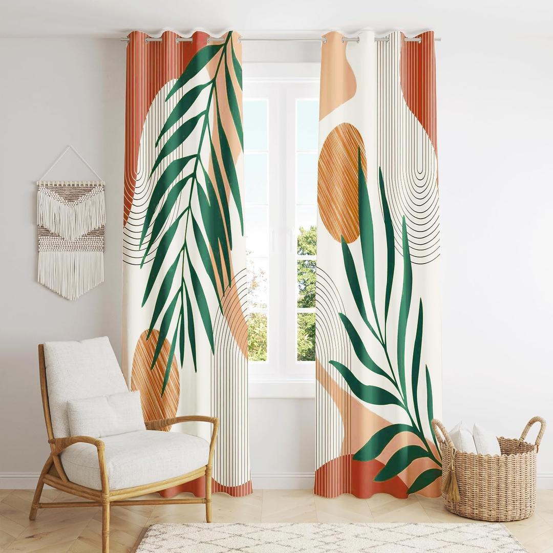 Mid Century Modern Curtains Set Thick Cotton Boho Curtain Blackout for Bedroom Bohemian Style Decor Window Leaf Print Classical Drapes for Living Dining Room, 2 Panels, W5284L