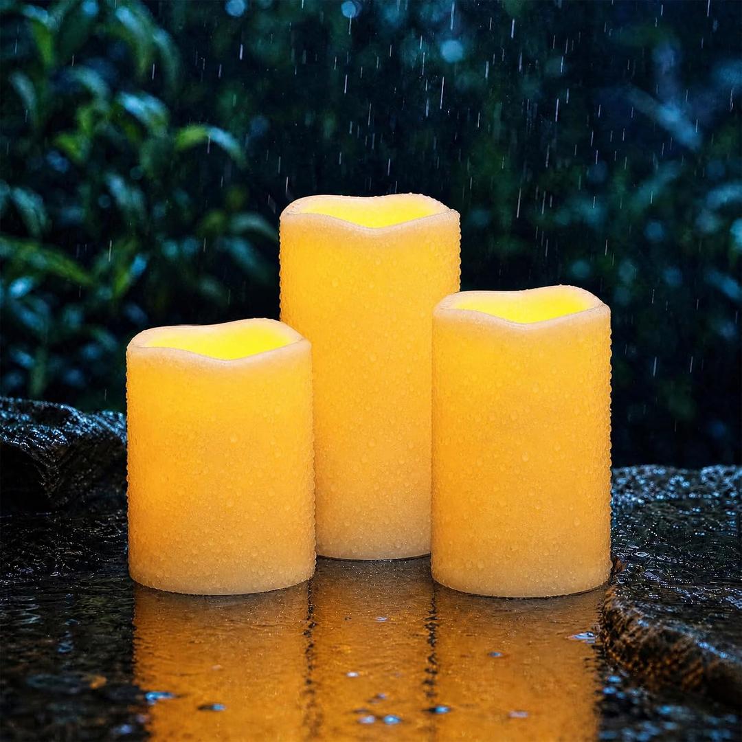 Homemory Outdoor Waterproof Flameless Candles with Auto Light Sensor, Flickering LED Pillar Candles, Dusk to Dawn Battery Operated Fake Candles Lanterns, Porch, Patio, Garden Decor, Set of 3