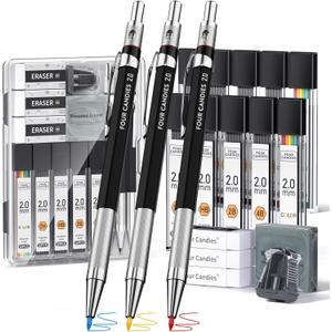 2 x Four Candies 19PCS 2MM Mechanical Drawing Pencils with Case, Metal Art Lead Pencil with 120 Graphite Lead Refills (HB 2H 2B 4B Color), Kneaded Eraser, Sharpener, for Drafting, Drawing, Sketching