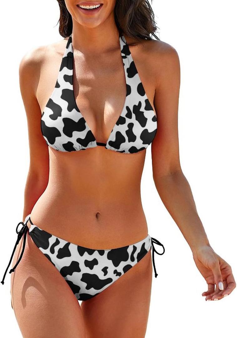 Women Two Piece Swimsuit Cow Print Bikini Sexy Halter Brazilian Bottom Triangle Top Bathing Suit (Large, Black4)