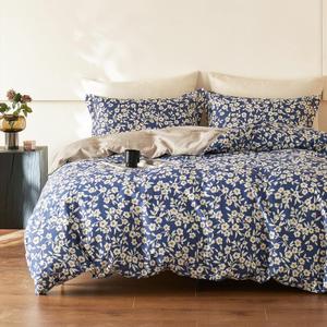 Navy Floral Cotton Comforter King Size 3PC - Elegant White Flowers Pattern on BlueTaupe Back, Lightweight Bedding Sets with Ultra-Soft Alternative Fill, (1 Comforter, 2 Pillowshams)