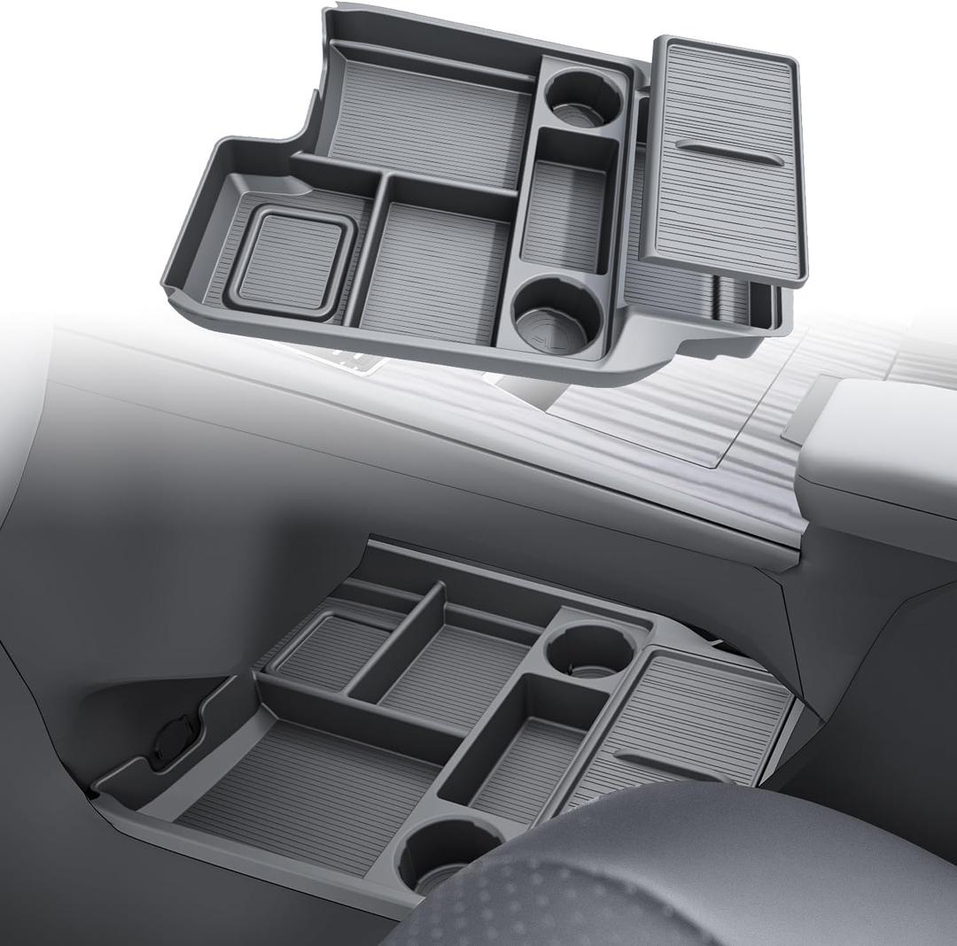 for with 2021-2026 Toyota Sienna Center Console Organizer with Cup Holder, Lower Storage Box Accessories (TPE Material with Original car Wood Grain, Grey)