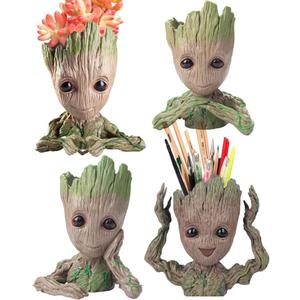 Baby Groot Flower Pot, Tree Man Pen or Pencil Holder or Planters with Drainage Hole Perfect for a Tiny Succulents Plants Christmas Birthday Gift (4 Styles in 1)