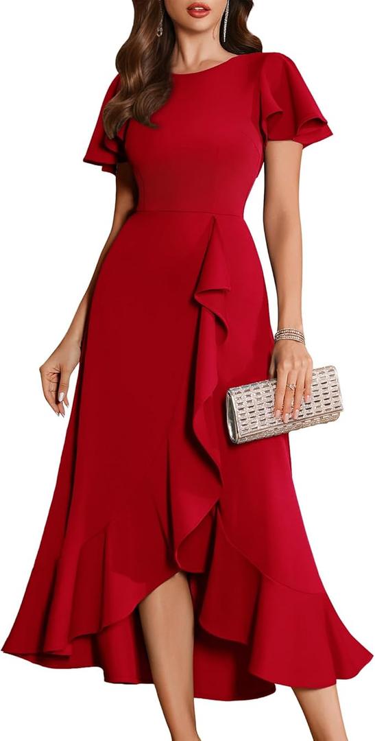 BeryLove Women Formal Party Dresses Flutter Short Sleeve Wedding Guest Cocktail Long Evening Dress, L