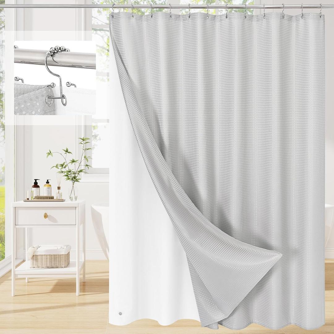 3 in 1 Light Grey Shower Curtain Set with PEVA Liner & 12 Hooks, 72 x 72