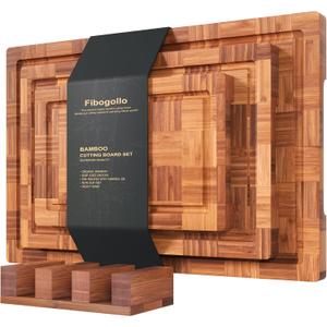 Bamboo Cutting Boards for Kitchen,Chopping Boards Set with Juice Groove,End Grain Bamboo Butcher Block,Serving Board with Holder(3 Pcs)