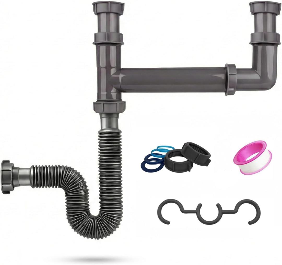 Double Bowl Kitchen Sink Drain Kit End Outlet Waste for 1-1/2 Inch Drains Adjustable Width (11" to 18") PP Tubular Plumbing with Flexible P-Trap Hose & Sealing Tape