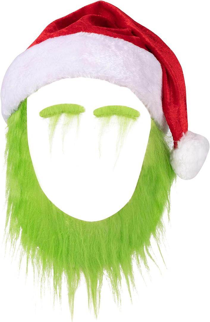 Q1nopo 3PCS Monster Cosplay with Furry Beard for Adults, Kids' Santa Hat with Beard, Monster Hat with Eyebrows for Christmas Party, Furry Green Costume