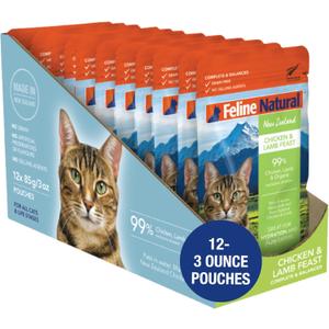 Feline Natural Wet Cat Food Pouch - Chicken & Lamb Feast, Grain-Free, Cage-Free & Grass-Fed, New Zealand Made, Single Serve Pate, 3oz, 12 Pack