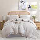 JANZAA Comforter Set Full Size Beige Ruffle Comforter 3PCS Soft Fluffy Comforter Vintage Farmhouse Bed Comforter Set Shabby Chic Bedding with 2 Off White Pillowcases