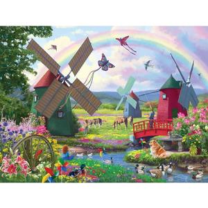 Bits and Pieces 300 Piece Puzzles for Adults 300 Large Pieces 18" x 24" Jigsaw Puzzles, Windmills Rainbow Butterfly, Random Die Cut, No 2 Pieces Alike, The Windmills